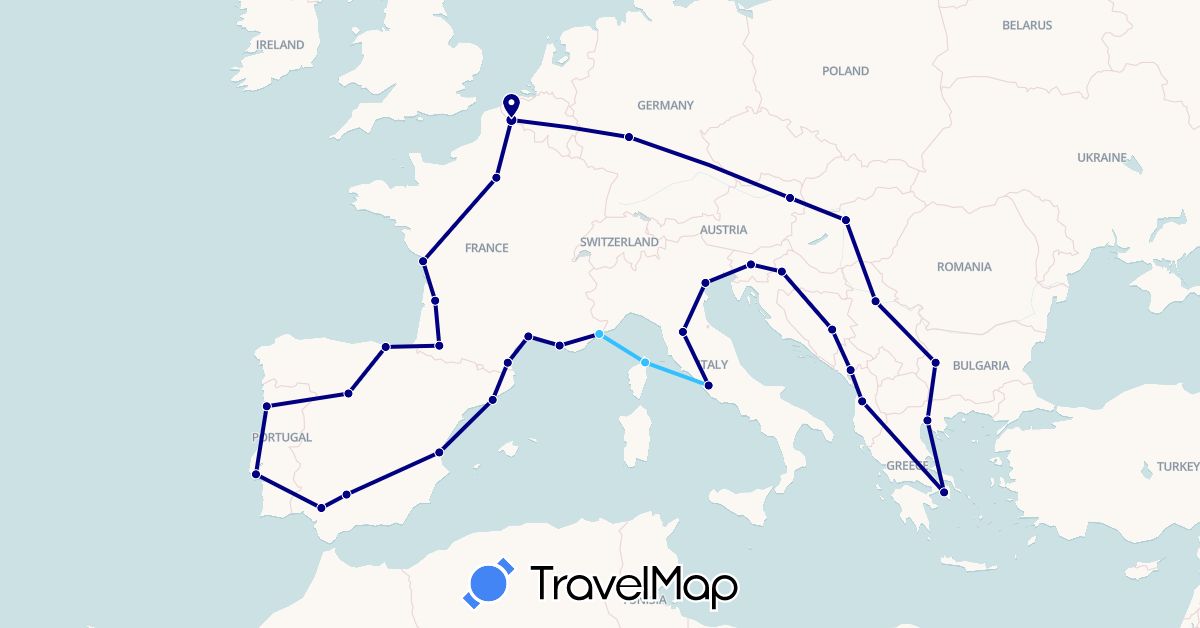 TravelMap itinerary: driving, boat in Albania, Austria, Bosnia and Herzegovina, Bulgaria, Germany, Spain, France, Greece, Croatia, Hungary, Italy, Montenegro, Portugal, Serbia, Slovenia (Europe)